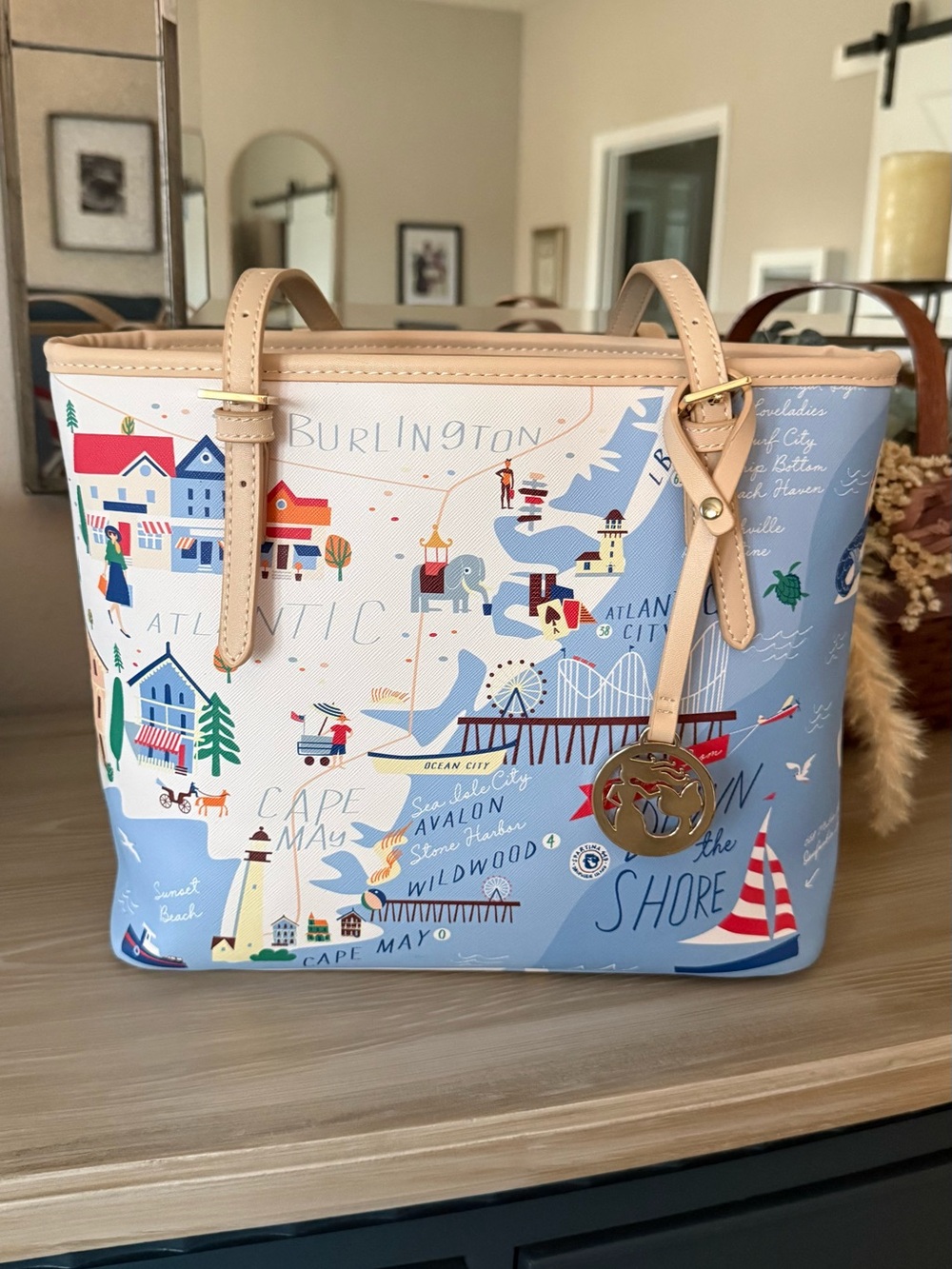 Spartina New Jersey Coastal Map Print Tote Bag in Light Blue and Tan